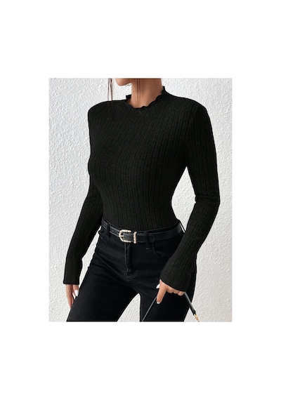 Moda Kadın Dik Yaka Uzun Kollu Esnek Yumuşak Dokulu Body Siyah Siyah