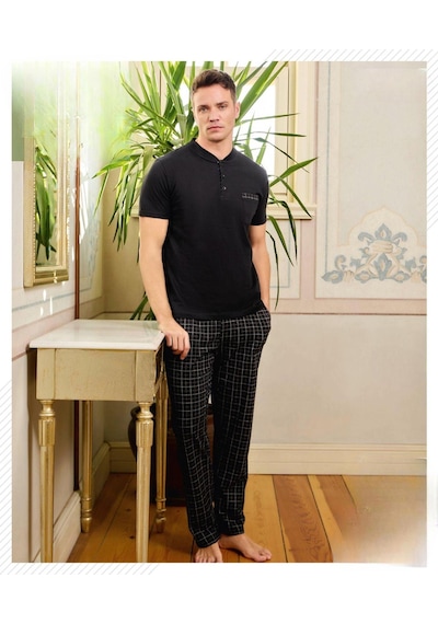 Pijamoni Erkek Düğme Yaka Kısa Kol Pijama Takımı 6850/12 - 1 Adet Siyah