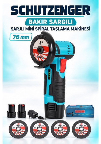 76mm Şarjlı Açılı Mini Taşlama Makinesi Bakır Sargı 4 Adet Taşlı Çift Akülü Mavi 7011