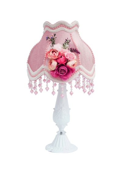 Gül Kurusu Kadife Kaplama Çiçek Ve İnci Detaylı Başlık Metal Beyaz Ayaklı Klasik Abajur 50x30cm Pembe