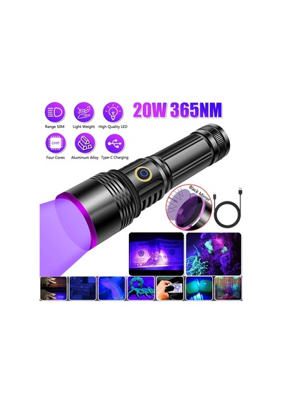 F-365 Uv Led Mor Işıklı 20watt Şarjlı 26650 Pilli Profesyonel El Feneri Siyah