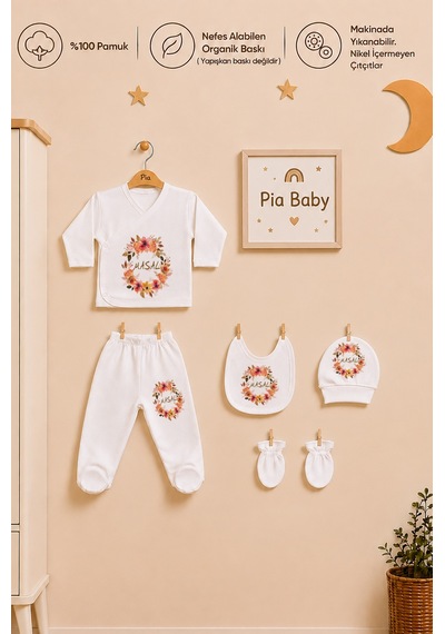 Pia Baby Kişiye Özel %100 Pamuk 5 Parça Kız Bebek Zıbın Seti 2077z0x Krem