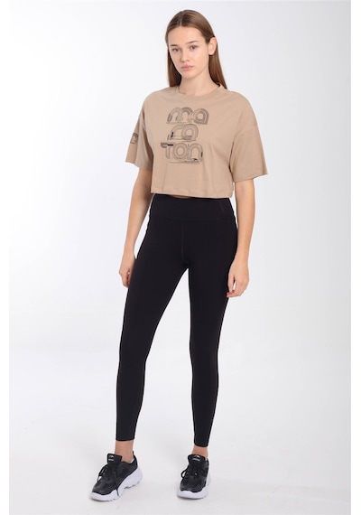 Maraton Sportswear Comfort Kadın Bisiklet Yaka Kısa Kol Basic Açık Vizon Crop Top 20880 Açık Vizon