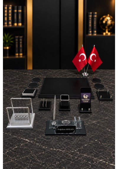 13 Parça Kristal Masa İsimlik Seti Kişiye Özel Newton Denge Toplu Ofis Sümen Takımı Siyah