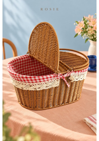 Rosıe Pötikare Desen Kumaş 2 Kapaklı Oval Piknik Sepeti 40 Cm Karışık