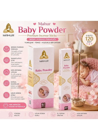 Mahur Baby Powder Bebek Pudrası Kokulu Tütsü 120 Adet 6 Kutu X 20 Çubuk, Premium Çubuk Tütsü, Ev Ve Ortam Kokulandırma