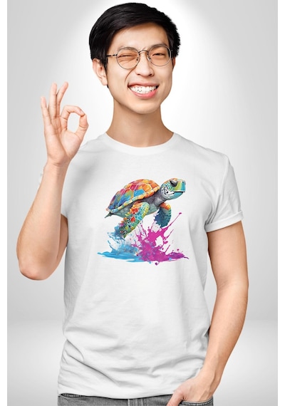 Renkli Kaplumbağa Karetta Kareta Unisex Unisex Beyaz Organik Baskılı T-shirt Penye Yüksek Kalite Beyaz