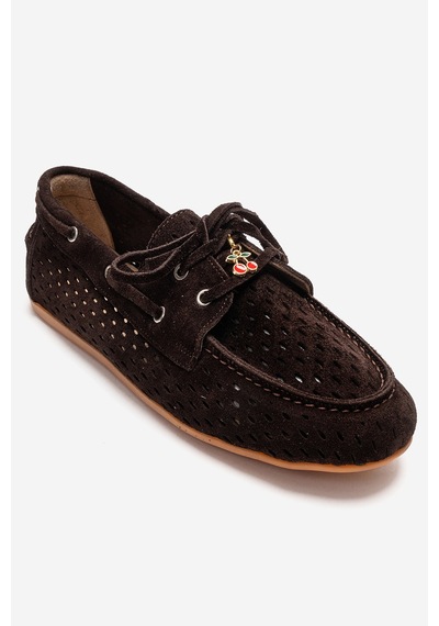 Luvishoes Stevo Kahverengi Süet Hakiki Deri Delikli Bağcıklı Kadın Loafer Ayakkabı
