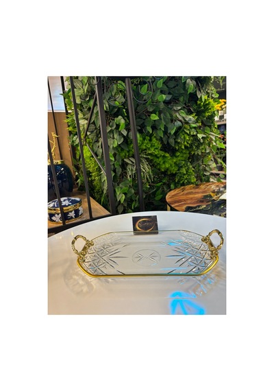 Timeless Gold Yaldızlı, Gold Metal Kulplu Dekoratif Sunumluk Tepsi, Kayık Tabak