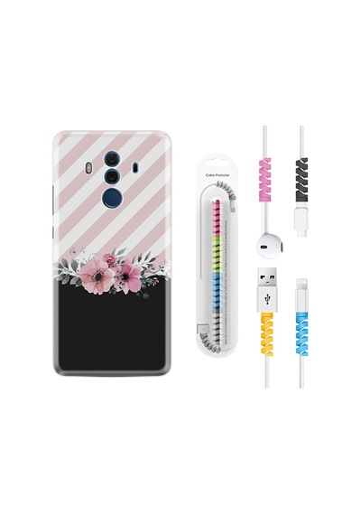 Huawei Mate 10 Pro Kılıf Kablo Koruyuculu Strip Pink Flowers 1396