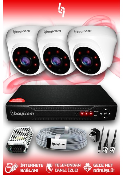 Bayicam 3 Kameralı Dome 3 İç Kamera Set HDD'siz Full HD Gece Görüşlü Güvenlik Kamerası Sistemi