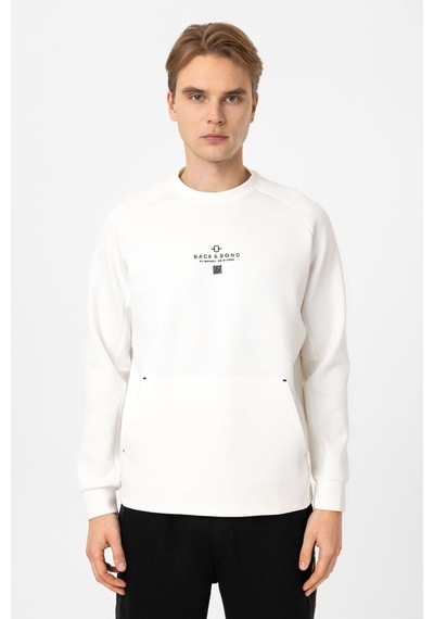 Backandbond Beyaz Regular Fit Pamuklu Bisiklet Yaka Kanguru Sweatshirt