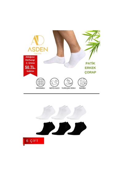 Asden Bambu Erkek Patik Çorap 3 Siyah 3 Beyaz, Dikişsiz, Soft Yıkamalı Çok Renkli