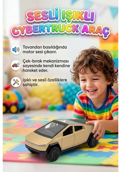 Sesli Ve Işıklı Cybertruck Oyuncak Araç - Çek Bırak Metalik Gri Konsept Oyuncak Araba Gold