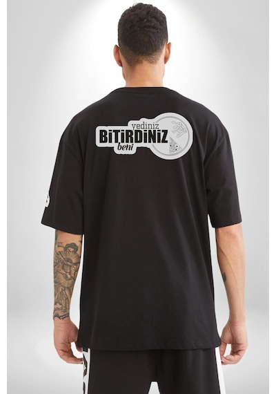 Yediniz Bitrdiniz Beni Yazılı Pamuklu Unisex Oversize Sırt Dijital Baskılı Siyah T-shirt Siyah