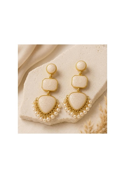 Krem Taşlı Gold Çerçeveli İnci Detaylı Kadın Küpe Gösterişli Sallantılı Küpe Krem Gold - 886835889 Krem Gold - 886835889 Krem Gold