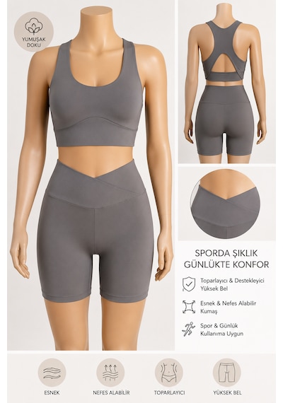 Cocosushicooo Kadın Spor Takım Yüksek Bel Biker Tayt Şort Ve Destekli Spor Büstiyer Takım Fitness Pilates Yoga Vizon Rengi