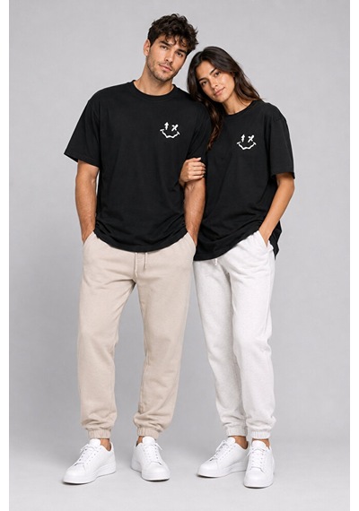 Nevermind Sevgili Kombini Smiley Baskılı Çift Tişört Oversize Unisex %100 P Siyah