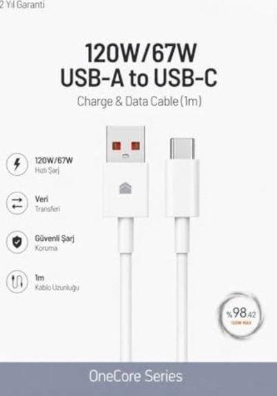 120w/67w Usb-a To Usb-c Hızlı Şarj Ve Data Kablosu 1m Beyaz