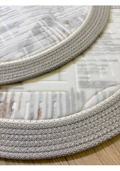 Melena Carpet Premium Kaymaz Taban Banyo Paspası Jüt Kenar Detaylı Oval Yuvarlak Set 100x60-60x60 Beyaz-gri
