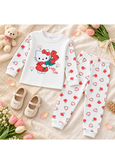 Polifoni Kız Çocuk Kedi Figürlü Pijama Takımı Beyaz