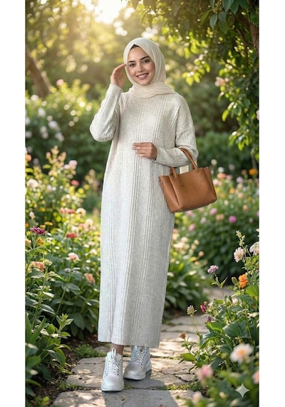 Sonbaharmoda Kadın Uzun Triko Elbise %100 Akrilik Bisiklet Yaka Rahat Ve Şık Kışlık Model Bej