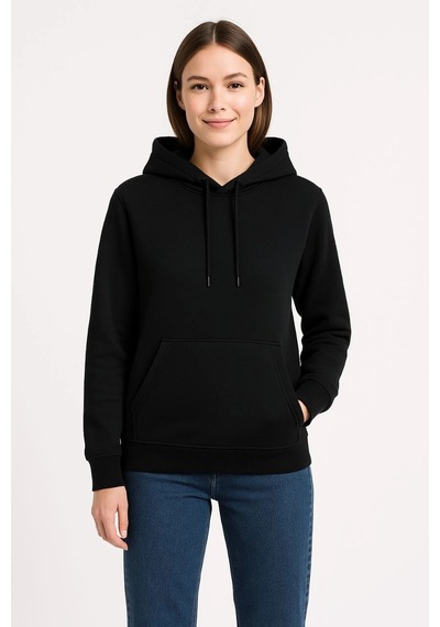 Primemagazam Kadın 3 İplik Pamuklu Kapüşonlu Kanguru Cepli Sweatshirt Hoodie - Siyah Çeşitli