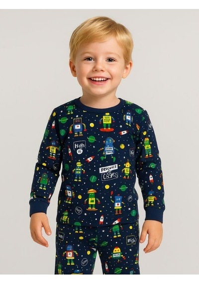 Cantoy Erkek Çocuk Pamuklu Uzay Baskılı Pijama Takımı-16058 Lacivert