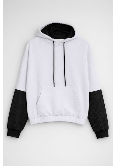 Kadın Kapüşonlu Cepli Siyah-beyaz Crop Sweatshirt Beyaz