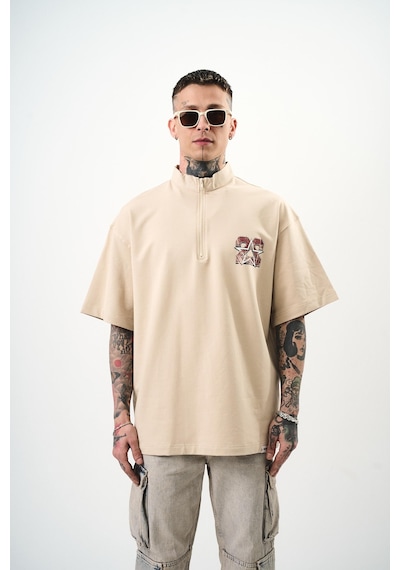 Respire Erkek 22 Baskılı Yarım Fermuarlı Oversize T-shirt Bej