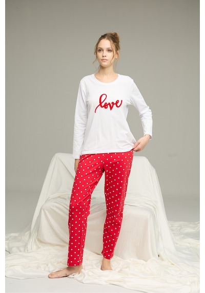 Siyah İnci Pamuklu Bisiklet Yaka Örme Pijama Takım25241148 Beyaz