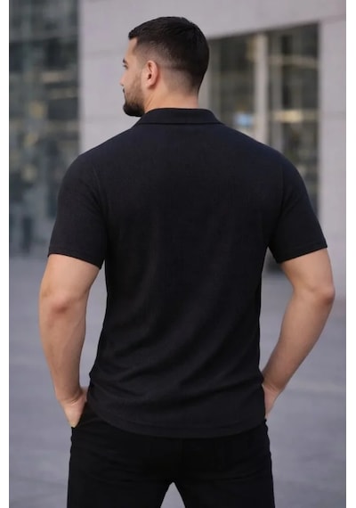 Etiler Collection Erkek Waffle Kumaş Kısa Kollu Düğmeli Açık Yaka Regular Fit Gömlek - Siyah