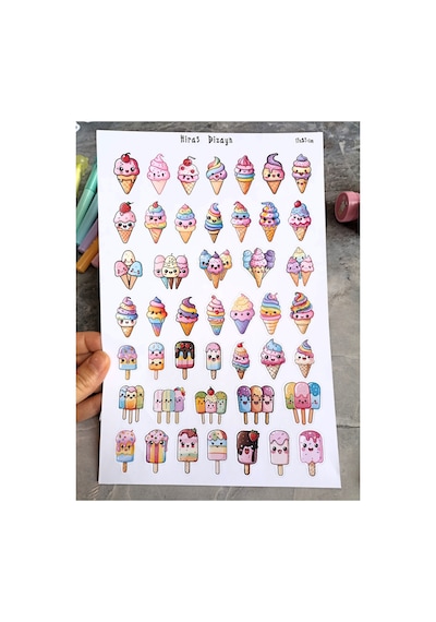 Kawaii Sevimli Dondurmalar Sticker Sayfası 45 Adet 17x25 cm
