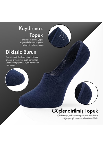 Saf Bambu Erkek Babet Çorap Dikişsiz Görünmez Kaydırmaz Topuk Silikonlu Premium Hediye Kutulu Lacivert