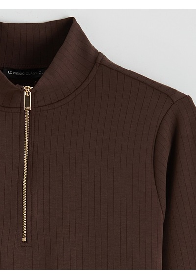 Lcw Everyday Kahverengi Dik Yaka Çizgili Oversize Kadın Tişört