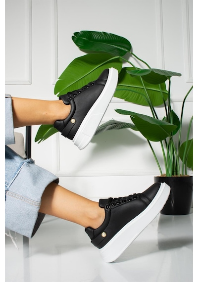 Shoetek Kadın Sneakers Deri Bağcıklı Agatha Siyah/beyaz Beyaz  - Siyah