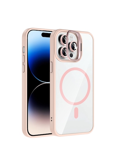 Apple Uyumlu iPhone 14 Pro Max Kılıf Standlı Ve Kamera Lens li M-safe Şarj Özellikli Zore Etro Kapak Pembe
