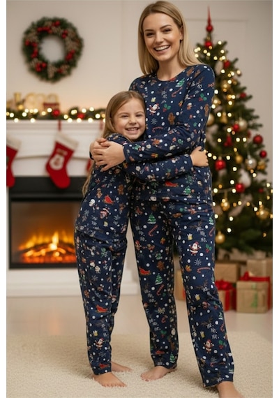 Siyah İnci %100 Pamuklu Şeker Baston Desenli Yılbaşı Temalı Örme Pijama Takım Lacivert Kardanadam