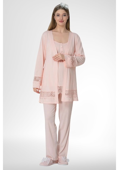 Mecit Pijama Mecit 6405 Pudra Sabahlıklı Lohusa Pijama Takımı