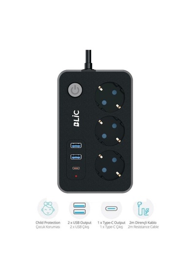 Çeşithane Akım Korumalı Priz - 3 Lü Priz Soketi, 2x Usb Ve 1x Type-c Hızlı Şarj Girişli, 2 Metre Tas 2