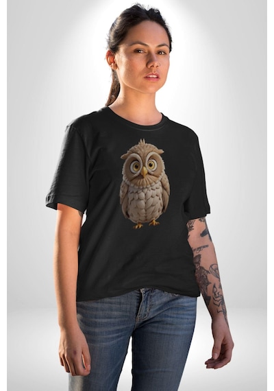 Baykuş Unisex Unisex Siyah Organik Baskılı T-shirt Penye Yüksek Kalite Siyah