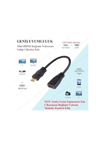 Mini Hdmi Erkek To Hdmi Dişi Kablo - 15Cm