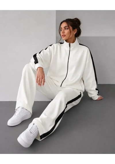 DefyModa Scuba Kumaş Oversize Şerit Detaylı Fermuarlı Alt Üst Eşofman Takımı - Beyaz