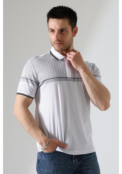Rıbana Classıc Fermuar Detaylı Desenli Pamuklu Polo Yaka T-shirt Beyaz