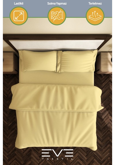 Eve Tekstil %100 Pamuk Ranforce Çarşaflı Yastık Ve Yorgan Kılıflı Çift Kişilik Nevresim Takımı 200x220 Cm Sarı
