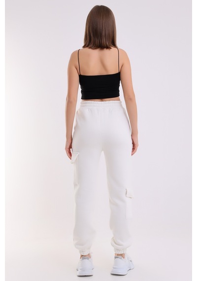 Winmoda34 Kadın Jogger Kalın 3 İplik Yandan Cepli Kargo Eşofman Altı Ekru