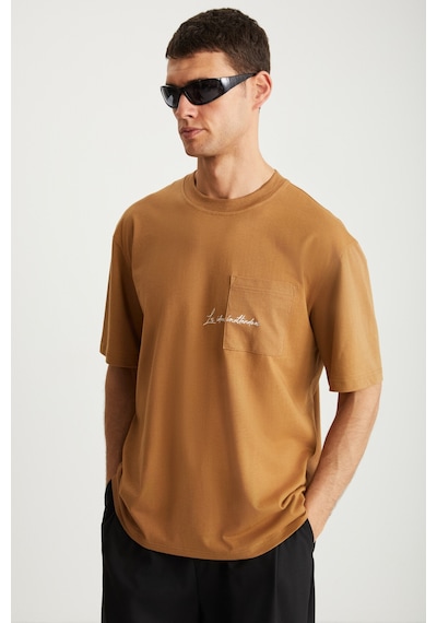 Grimelange Kravın Erkek %100 Pamuk Bisiklet Yaka Baskılı Kahverengi T-shirt
