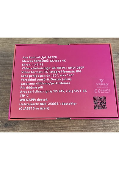 Vrpro Wıfi Araç İçi Yol Kamerası 1.5 İnç 4k 30 Fps 2 Kameralı