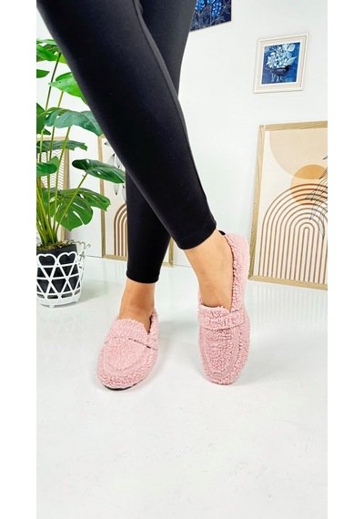 Günlük Kadın Loafer Peluş Astarlı Oval Burunlu Alçak Desenli Tabanlı Ayakkabı 375 Pudra