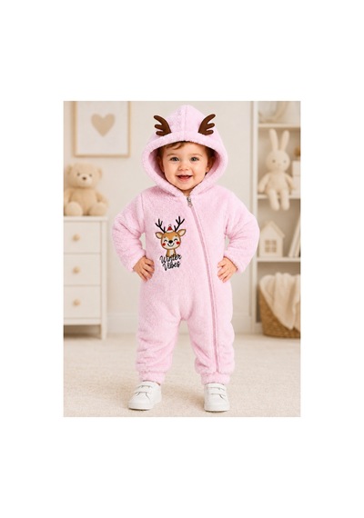 Tatlı Geyik Nakışlı Welsoft Peluş Kapüşonlu Fermuarlı Kışlık Unisex Bebek Tulumu 40212 Pembe